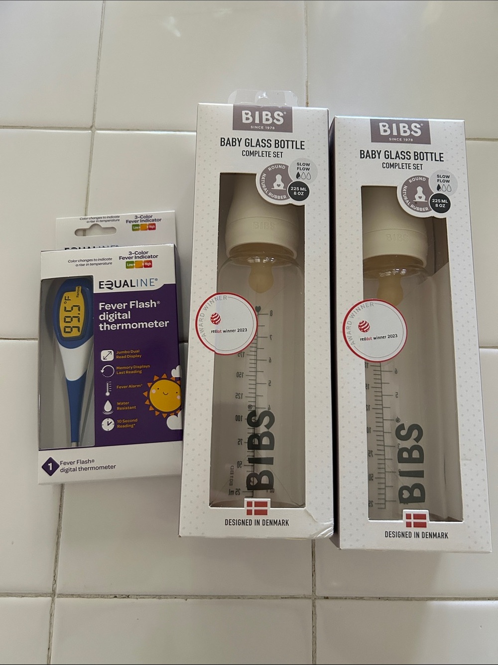 Baby Glass Bottle - Natural (Pack of 2) and 
Fever flash digital thermometer .